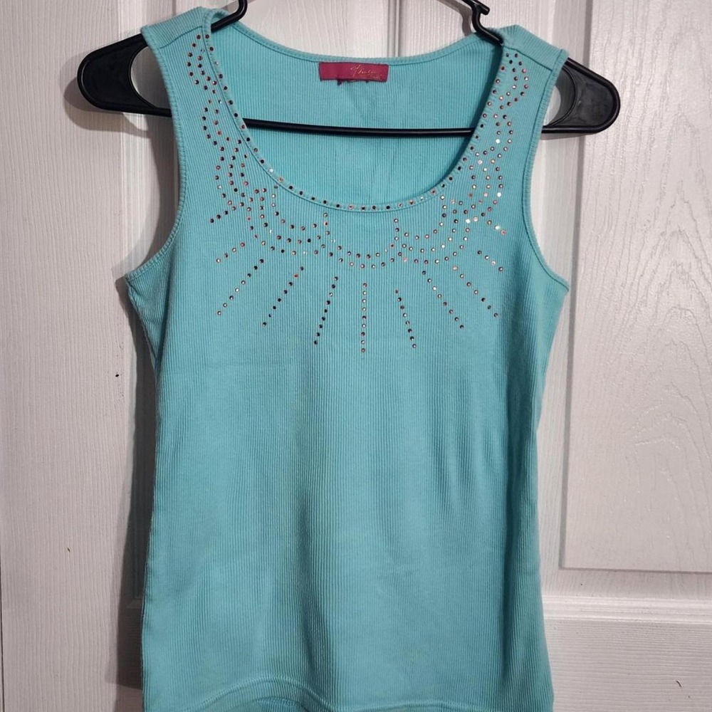 Y2K Blue Ribbed Bedazzled Tank Top